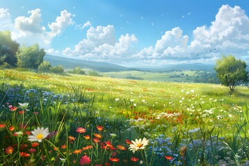 Obraz premium A painting of a field with various flowers and lush trees