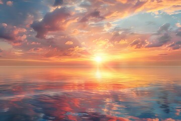 Fototapeta premium Sunset over the ocean with clouds and water reflecting the sun
