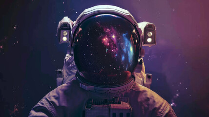 Front view astronaut potrait. Astronaut in space suit with galaxy and nebula reflection in helmet glass
