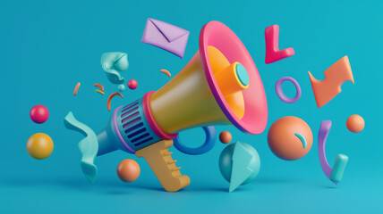 Vibrant  megaphone various marketing buzzwords like SEO social media  public relations Concept Marketing Trends