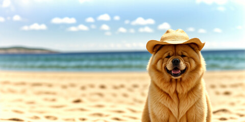 Chow chow dog sitting on the beach.