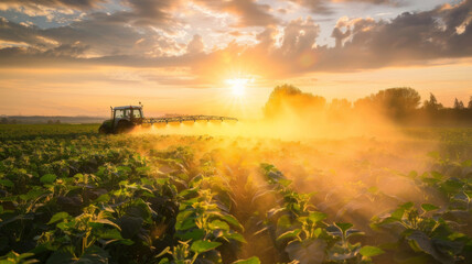 Fototapeta premium Tractor spraying pesticides in morning on soybean field