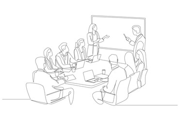 Continuous one line drawing of businessman and businesswoman presenting project to other business people, business meeting, project presentation concept, single line art.