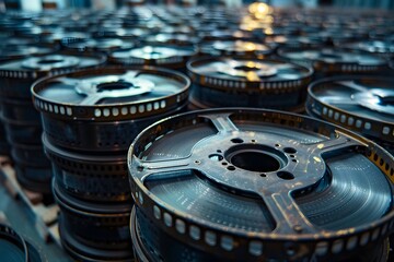A close up of a bunch of film reels on a table