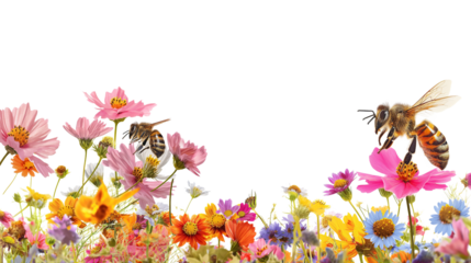 Two Bees Enjoying Time Together in a Field of Colorful flowers isolated on a transparent background