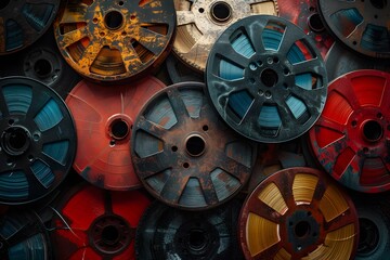 Close-up of assorted colorful reels