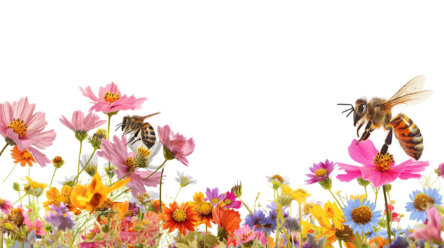 Two Bees Enjoying Time Together in a Field of Colorful flowers isolated on a transparent background