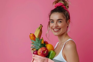 Woman Holding a Pink Shopping Bag Full of Fruit
