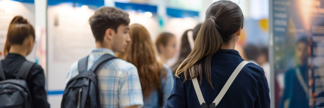 A queue of individuals lining up at a conference or exhibition, capturing the concept of learning and networking