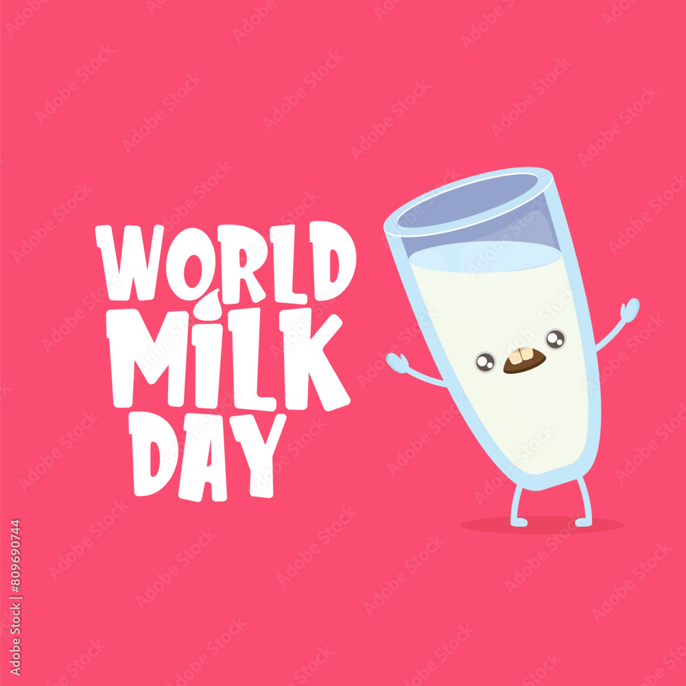 Poster world milk day poster, banner with funny cartoon cute smiling milk glass character isolated on pink 