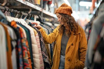 Obraz premium Woman in Yellow Coat Looking at Clothes