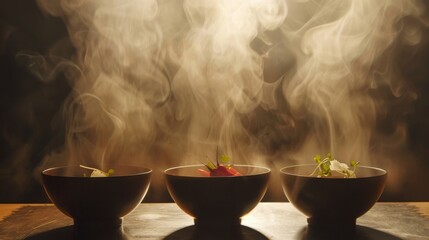 Bold silhouette of levitating bowls of steaming hot soup with garnishes - Powered by Adobe