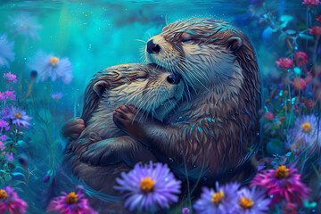  Two sea otters hugging each other in the lake
