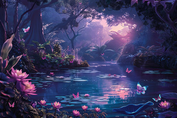 Artistic depiction of a river in a forest with floral and butterfly elements