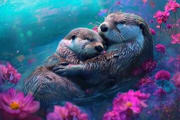  Two sea otters hugging each other in the lake