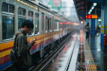 Man Checking Phone Next to Train