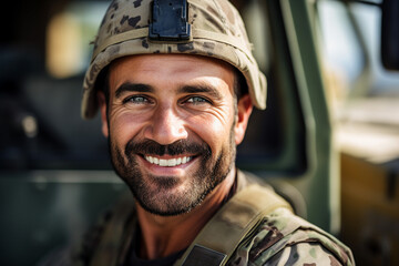 Obraz premium Generative ai photo of soldiers in combat gear against the background of military equipment