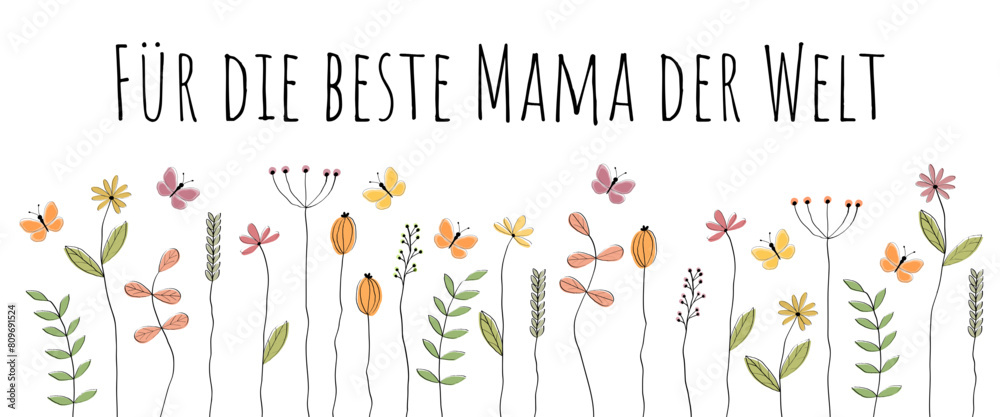 Canvas Prints für die beste mama der welt - schriftzug in deutscher sprache. banner mit schmetterlingen und blumen