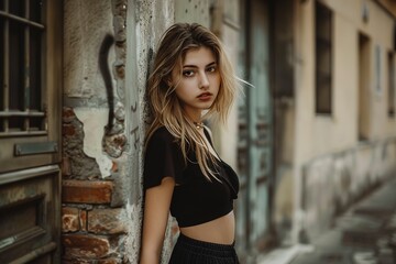 Naklejka premium Woman With Blonde Hair and Black Shirt