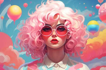 Fototapeta premium Whimsical illustration of a girl with pink curls and heart-shaped sunglasses against a pastel sky