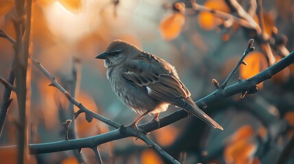 Obraz premium A small brown bird perches on a branch in the early morning light. The bird's feathers are fluffed up to keep it warm in the cool air.