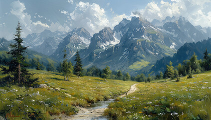 Fototapeta na wymiar Captivating Landscape Painting of the Alps in a Faded Old Artist Style