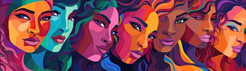 A painting of a group of women with different colored faces