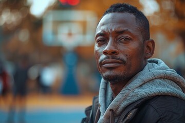 The mature African guy enjoys outdoor fitness training, exuding athleticism and happiness in a basketball portrait. - Powered by Adobe