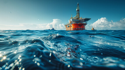 Obraz premium Expansive view of an offshore oil rig on the shimmering blue ocean