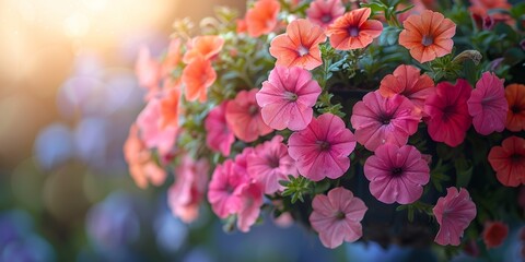 A vibrant violet petunia blooms in a hanging basket, adding beauty to the exterior.