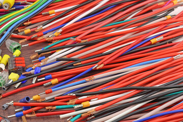 Copper electrical installation wires in colored insulation. Close-up.