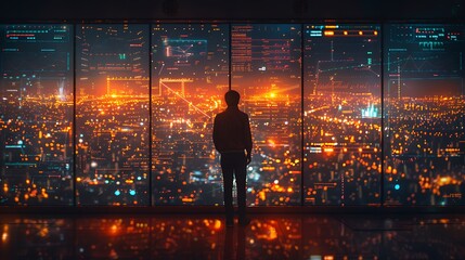 A futuristic depiction of air traffic control where the controller uses advanced holographic displays to monitor and manage flights.