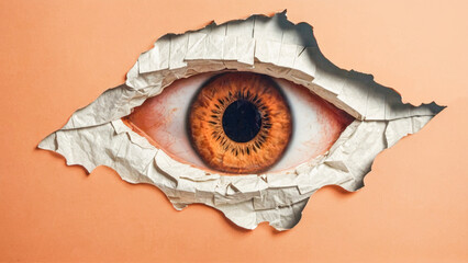 Unveiling mystery, bright teal eye appears through torn crimson slit on soft orange backdrop.