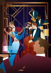 Jazz musicians and dancers on a universal background. Double bass, saxophone, drum. Musicians play musical instruments
