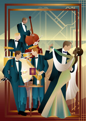 Jazz musicians and dancers on a universal background. Double bass, saxophone, drum. Musicians play musical instruments