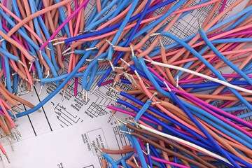 Copper electrical installation wires in colored insulation. Close-up.