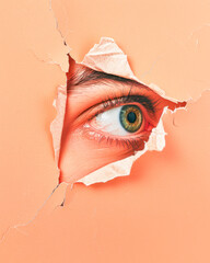 Close-up, bright teal eye peeks through torn hole in hidden, soft orange pastel paper.