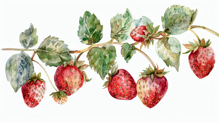 Watercolor illustration of strawberry branch on the white background