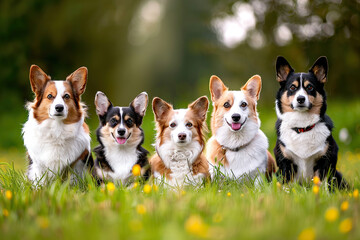 Small Cute Dogs Outdoors, Grass Background, Adorable Domestic Pets Group