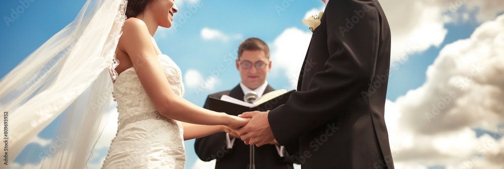 Poster bride and groom hold hands while officiant stands between them against a sunny blue sky - Posters