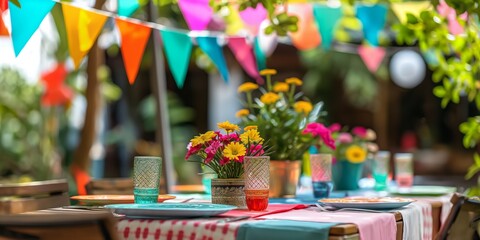 An inviting outdoor party scene with a colorful table setting ready for a festive celebration among friends or family
