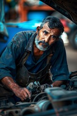 Obraz premium Man Repairing Car Engine in Garage