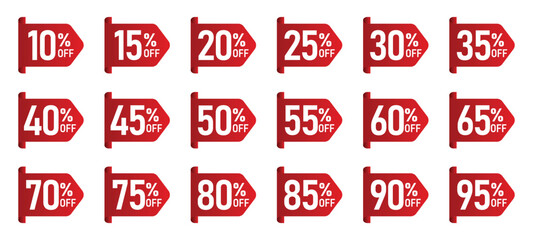discount sticker product tag set. shopping discount label badge with 10 to 95 percent off. vector symbol on transparent background.
