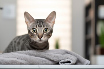 Lifestyle portrait photography of a cute egyptian mau cat kneading a blanket on sleek bathroom