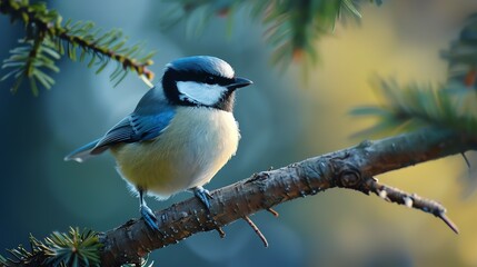Obraz premium A cute little bird is perched on a branch. The bird has bright blue and yellow feathers. The background is soft and out of focus.