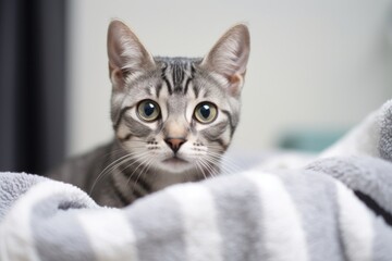 Naklejka premium Lifestyle portrait photography of a cute egyptian mau cat kneading a blanket while standing against sleek bathroom