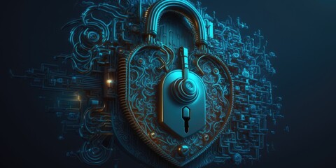 Cybersecurity blue background Artificial Intelligence lock and key
