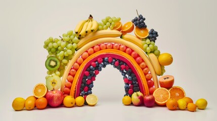 Conceptual image of spinning fruits forming a rainbow, representing diversity and abundance