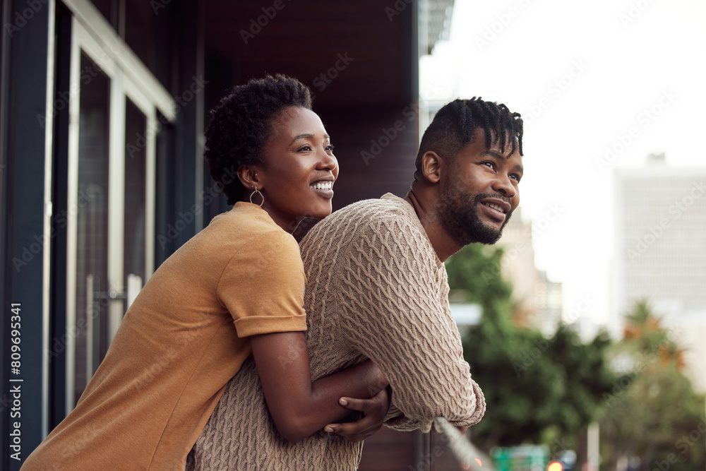 Poster Love, balcony or happy black couple hug in villa on holiday vacation together with peace, support or view. Relax, home or romantic man with African woman with care, commitment or smile in marriage