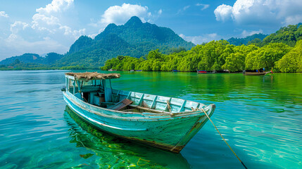 Serene image of an old wooden boat floating on the clear waters of a tropical paradise